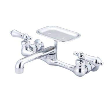Wall Mount Utility Faucet with Soap Tray - Swivel Spout - Metal Lever Handles - Chrome