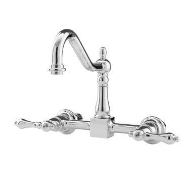 Wall Mounted Bridge Kitchen Faucet with Metal Lever Handles - 7 Inch Spout Reach