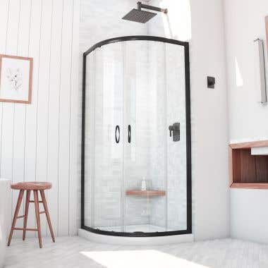 Lifestyle - Satin Black - Barrett 33 Inch Semi Frameless Corner Sliding Shower Enclosure with Shower Base