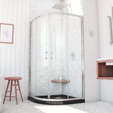 Lifestyle - Brushed Nickel - Barrett 38 Inch Semi Frameless Corner Sliding Shower Enclosure with Shower Base