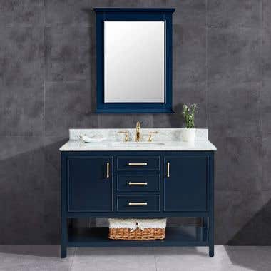 Grafton 48 Inch Oak Vanity with Square Drop-In Sink - Navy Blue/White Carrara Marble
