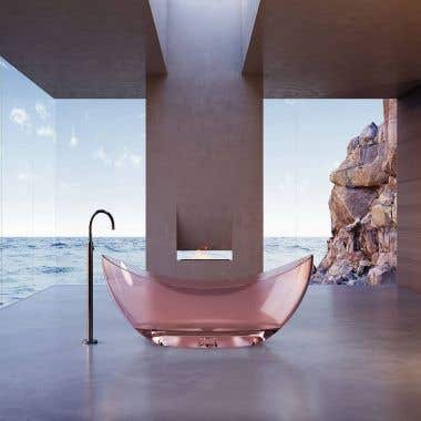 Front View - Transparent Black / Matte Black Drain - Isla 67 Inch Transparent Resin Freestanding Tub