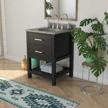 Everett 24 Inch Birch and Oak Console Vanity with Oval Integral Sink - Black