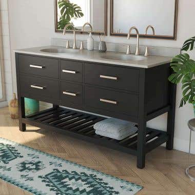 Everett 60 Inch Oak Console Vanity with Oval Integral Sinks - Black