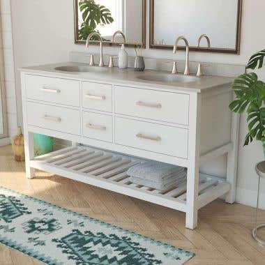 Everett 60 Inch Oak Console Vanity with Oval Integral Sinks - White