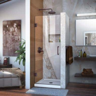 Lifestyle - Unidoor 25 Inch W x 72 Inch H Frameless Hinged Shower Door - Clear Glass