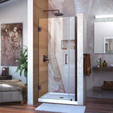 Lifestyle - Unidoor 31-32 Inch W x 72 Inch H Frameless Hinged Shower Door - Clear Glass