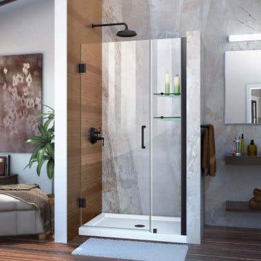 Lifestyle - Unidoor 36-37 Inch W x 72 Inch H Frameless Hinged Shower Door with Shelves - Clear Glass