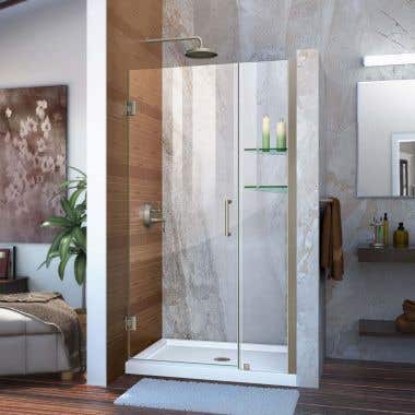 Lifestyle - Unidoor 37-38 Inch W x 72 Inch H Frameless Hinged Shower Door with Shelves - Clear Glass