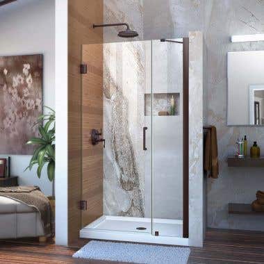 Lifestyle - Unidoor 38-39 Inch W x 72 Inch H Frameless Hinged Shower Door with Support Arm - Clear Glass