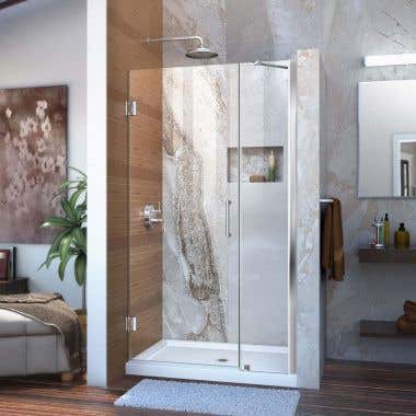 Lifestyle - Unidoor 39-40 Inch W x 72 Inch H Frameless Hinged Shower Door with Support Arm - Clear Glass