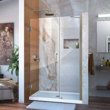 Lifestyle - Unidoor 41-42 Inch W x 72 Inch H Frameless Hinged Shower Door with Support Arm - Clear Glass