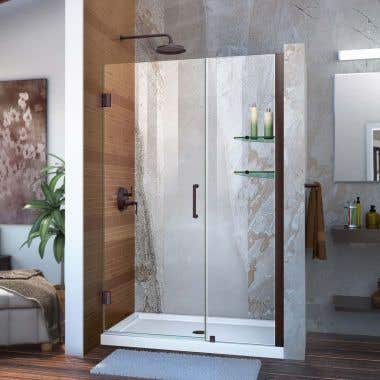 Lifestyle - Unidoor 41-42 Inch W x 72 Inch H Frameless Hinged Shower Door with Shelves - Clear Glass