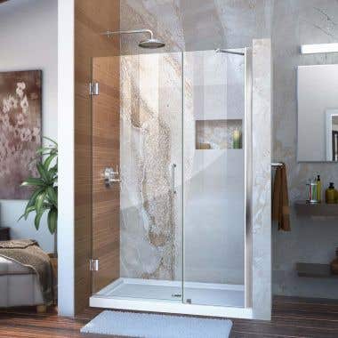 Lifestyle - Unidoor 43-44 Inch W x 72 Inch H Frameless Hinged Shower Door with Support Arm - Clear Glass