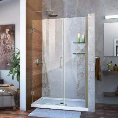 Lifestyle - Unidoor 45-46 Inch W x 72 Inch H Frameless Hinged Shower Door with Shelves - Clear Glass