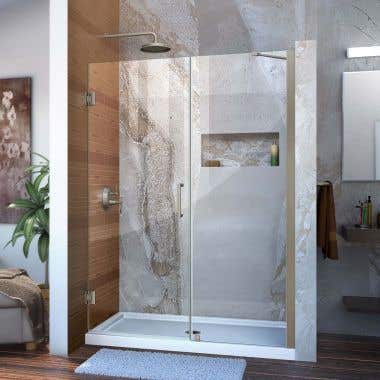 Lifestyle - Unidoor 47-48 Inch W x 72 Inch H Frameless Hinged Shower Door with Support Arm - Clear Glass