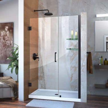 Lifestyle - Unidoor 47-48 Inch W x 72 Inch H Frameless Hinged Shower Door with Shelves - Clear Glass