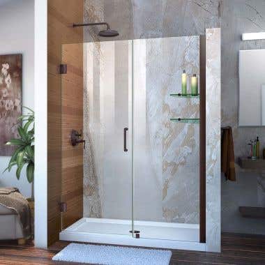 Lifestyle - Unidoor 48-49 Inch W x 72 Inch H Frameless Hinged Shower Door with Shelves - Clear Glass