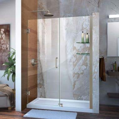 Lifestyle - Unidoor 49-50 Inch W x 72 Inch H Frameless Hinged Shower Door with Shelves - Clear Glass