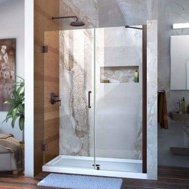 Lifestyle - Unidoor 50-51 Inch W x 72 Inch H Frameless Hinged Shower Door with Support Arm - Clear Glass