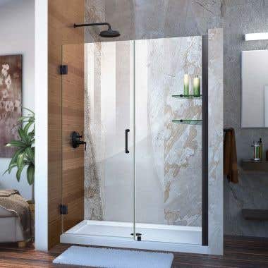 Lifestyle - Unidoor 50-51 Inch W x 72 Inch H Frameless Hinged Shower Door with Shelves - Clear Glass