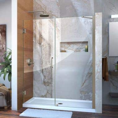 Lifestyle - Unidoor 53-54 Inch W x 72 Inch H Frameless Hinged Shower Door with Support Arm - Clear Glass