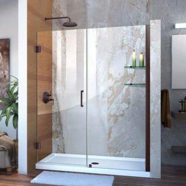 Lifestyle - Unidoor 53-54 Inch W x 72 Inch H Frameless Hinged Shower Door with Shelves - Clear Glass