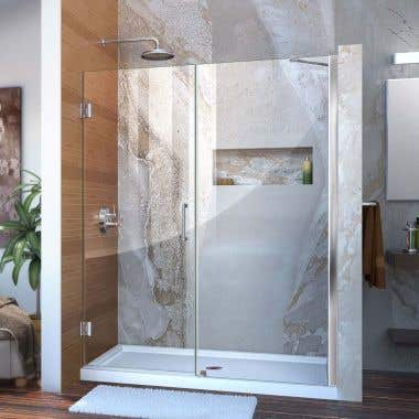 Lifestyle - Unidoor 57-58 Inch W x 72 Inch H Frameless Hinged Shower Door with Support Arm - Clear Glass