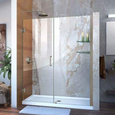 Lifestyle - Unidoor 57-58 Inch W x 72 Inch H Frameless Hinged Shower Door with Shelves - Clear Glass