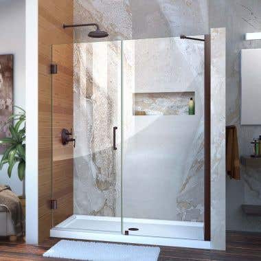 Lifestyle - Unidoor 58-59 Inch W x 72 Inch H Frameless Hinged Shower Door with Support Arm - Clear Glass