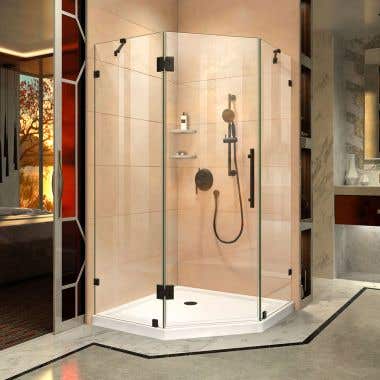 Lifestyle Shot - DreamLine Prism Lux 34 5/16 in. x 72 in. Fully Frameless Neo-Angle Hinged Shower Enclosure in Oil Rubbed Bronze