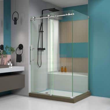 Lifestyle Shot - DreamLine Enigma-X 32 1/2 in. D x 48 3/8 in. W x 76 in. H Clear Sliding Shower Enclosure in Brushed Stainless Steel