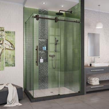 Lifestyle Shot - DreamLine Enigma-XO 32 1/2 in. D x 44 3/8-48 3/8 in. W x 76 in. H Frameless Shower Enclosure in Oil Rubbed Bronze Stainless Steel