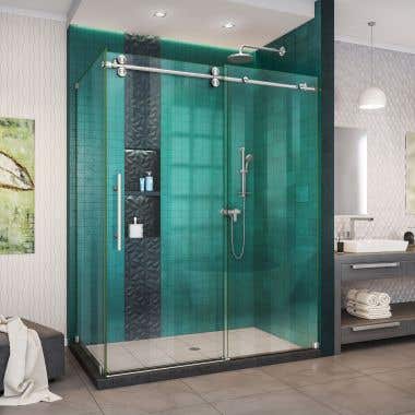 Lifestyle Shot - DreamLine Enigma-XO 32 1/2 in. D x 50-54 in. W x 76 in. H Frameless Shower Enclosure in Brushed Stainless Steel