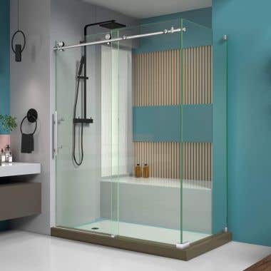 Lifestyle Shot - DreamLine Enigma-X 32 1/2 in. D x 60 3/8 in. W x 76 in. H Clear Sliding Shower Enclosure in Brushed Stainless Steel