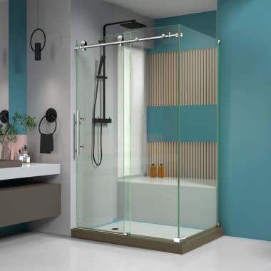Lifestyle Shot - DreamLine Enigma-X 34 1/2 in. D x 48 3/8 in. W x 76 in. H Clear Sliding Shower Enclosure in Polished Stainless Steel