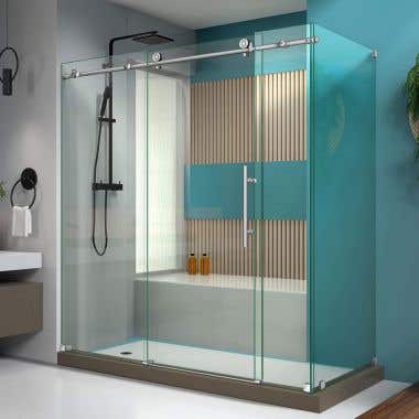 Lifestyle Shot - DreamLine Enigma-X 34 1/2 in. D x 72 3/8 in. W x 76 in. H Clear Sliding Shower Enclosure in Brushed Stainless Steel