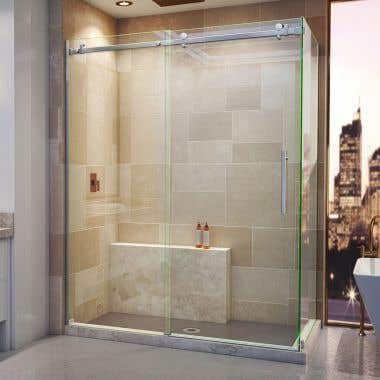 Lifestyle Shot - DreamLine Enigma Air 34 3/4 in. D x 60 3/8 in. W x 76 in. H Frameless Sliding Shower Enclosure in Brushed Stainless Steel