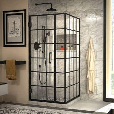 Lifestyle Shot - DreamLine Unidoor Toulon 34 in. D x 34 in. W x 72 in. H Frameless Hinged Shower Enclosure in Satin Black