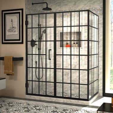 Lifestyle Shot - DreamLine Unidoor Toulon 34 in. D x 58 in. W x 72 in. H Frameless Hinged Shower Enclosure in Satin Black
