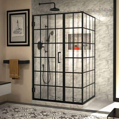 Lifestyle Shot - DreamLine Unidoor Toulon 34 in. D x 46 in. W x 72 in. H Frameless Hinged Shower Enclosure in Satin Black
