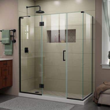Lifestyle Shot - DreamLine Unidoor-X 63 1/2  in. W x 34 3/8 in. D x 72 in. H Frameless Hinged Shower Enclosure in Satin Black