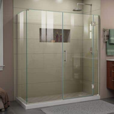 Lifestyle Shot - DreamLine Unidoor-X 63 1/2  in. W x 34 3/8 in. D x 72 in. H Frameless Hinged Shower Enclosure in Brushed Nickel