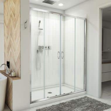 Visions 36 in. D x 60 in. W x 78 3/4 in. H Sliding Shower Door, Base, and White Wall Kit
