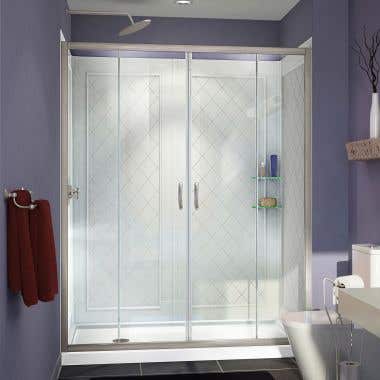 Lifestyle Shot - DreamLine Visions 34 in. D x 60 in. W x 76 3/4 in. H Sliding Shower Door in Brushed Nickel with Left Drain White Base