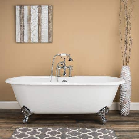 Cambridge 66 Inch Cast Iron Double Ended Clawfoot Tub Package - White / Chrome Feet & Fixtures