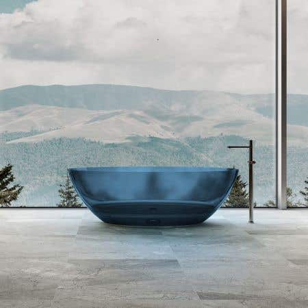 Front View - Transparent Blue / Matte Black Drain - Floki 67 Inch Transparent Resin Freestanding Tub